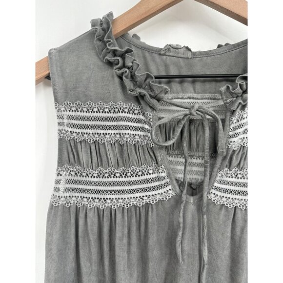 POL Tunic Women Small Gray Sleeveless Tie Ruffle V Neck Lace Flowy Boho - Picture 2 of 6